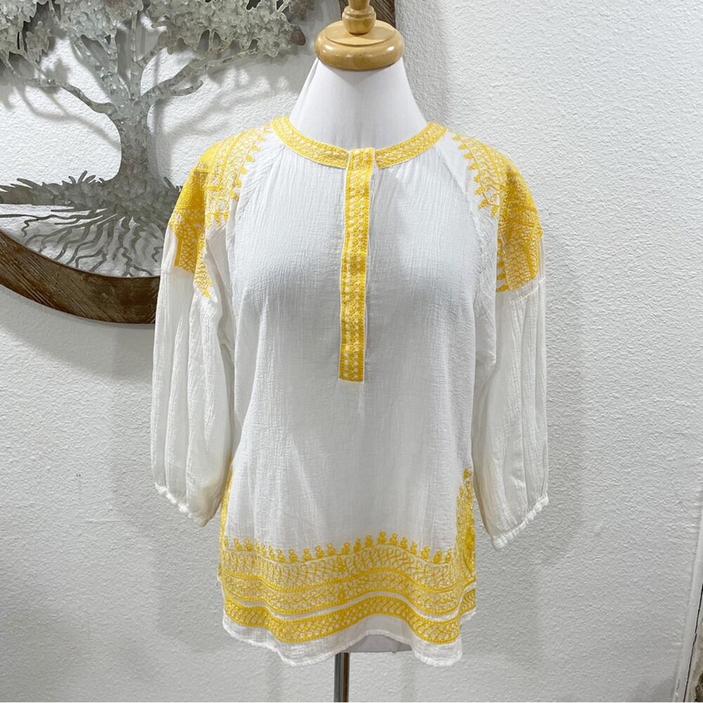 Cake Semisheer Embroidered Cotton Popover Tunic White Yellow Medium
